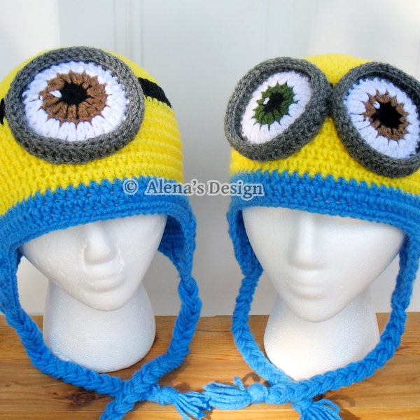 Crochet Pattern 200 Crochet Hat Pattern Minion Hat Ear Flap Hat Toddler Boy Girl Teen Adult Hat Pattern Winter Christmas Gift