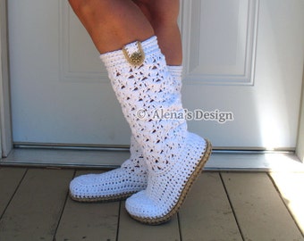 Elegant Women's Boots Crochet Pattern 138 Crochet Slippers Ladies Crochet High-Top Boots Crochet Patterns Lace White Boots Christmas Gift