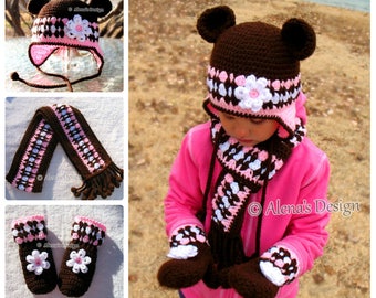 Crochet PATTERN Set Bear Hat Children's Mittens Scarf Girls Toddler Child Winter Set Earflap Hat Adult Scarf Brown Pink Mittens Christmas