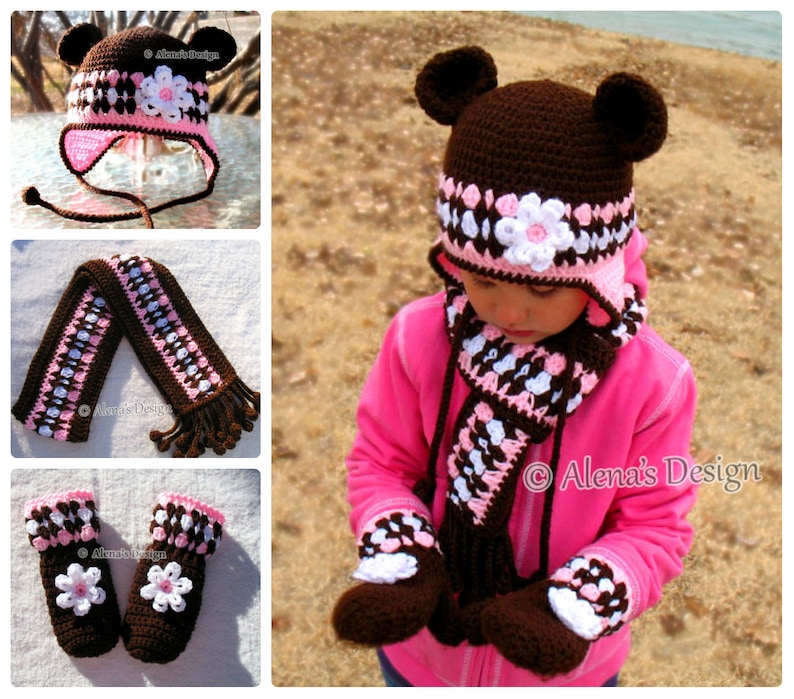Crochet PATTERN Set Bear Hat Children/'s Mittens Scarf Girls Toddler Child Winter Set Earflap Hat Adult Scarf Brown Pink Mittens Christmas