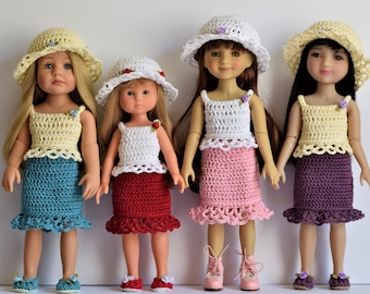 Doll Clothes Crochet Patterns 4 PC Summer Ensemble, Lace Sun Hat Top Skirt Shoes for 13 inch and 14.5 inch Dolls