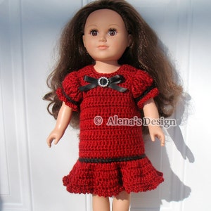 May include: A red crochet dress with black trim and a black bow with a rhinestone buckle. The dress is designed for a doll.