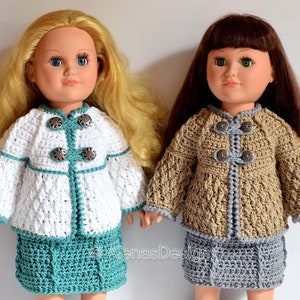 May include: Two crocheted doll outfits with matching jackets and skirts. The doll on the left is wearing a white jacket with teal trim and a teal skirt. The doll on the right is wearing a brown jacket with gray trim and a gray skirt. Both dolls have long hair and are wearing button-up jackets.
