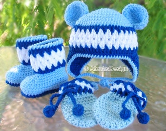 Crochet Pattern Set for Ear Flap Bear Hat, Baby Booties & Baby Thumb-less Mittens | Hat Pattern available in six sizes from Baby to Adult