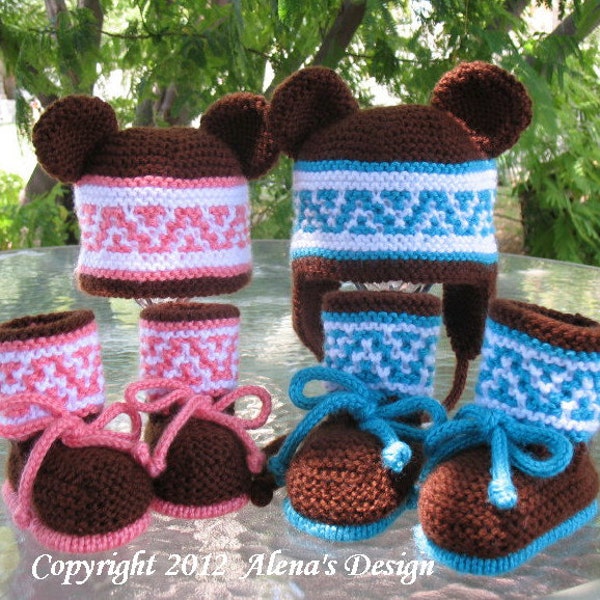 Knitting PATTERN Set - Knitting Hat and Booties Pattern -  Knitting Hat Pattern for Hat with Bear Ears - Knitting Baby Booties Pattern