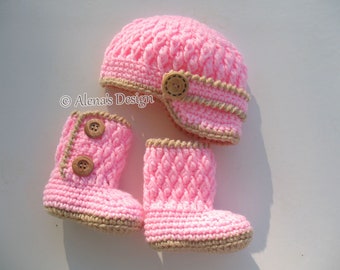 Crochet PATTERN Set Two-Button Baby Booties Baby Visor Hat Newborn Baby Boy Baby Girl Beanie Boots