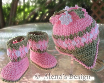 Crochet PATTERN Set - Crochet Hat Pattern - Crochet Booties Pattern - Blossom Hat - Baby Booties - Girl Toddler Children Ear Flap Winter Hat