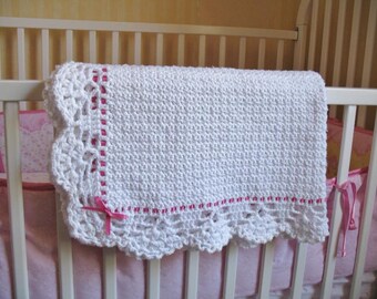 Crochet Pattern 084 Crochet Baby Blanket with Lace Edging, Pink Blue Ribbon White Blanket for Baby Boy Girl, Bear Afghan