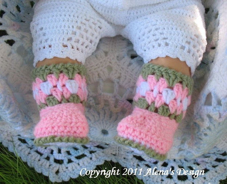 Crochet PATTERN Set Blossom Hat Baby Booties Baby Thumb-less Mittens Crochet Patterns Baby Girl Toddler Children Ear Flap Hat Pink Booties image 5