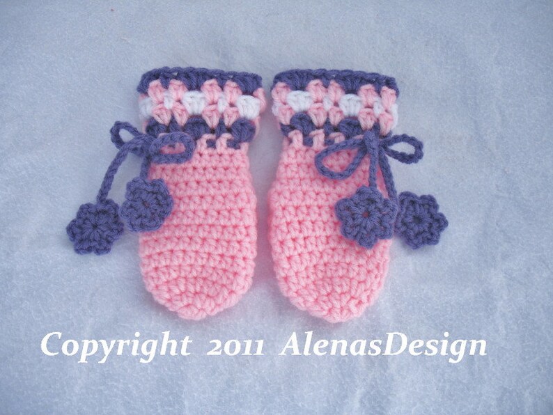 Crochet PATTERN Set Blossom Hat Baby Booties Baby Thumb-less Mittens Crochet Patterns Baby Girl Toddler Children Ear Flap Hat Pink Booties image 9