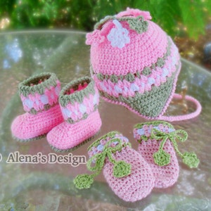 Crochet PATTERN Set Blossom Hat Baby Booties Baby Thumb-less Mittens Crochet Patterns Baby Girl Toddler Children Ear Flap Hat Pink Booties image 1