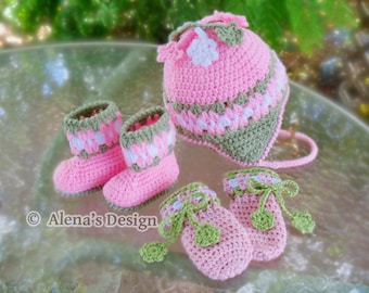 Crochet PATTERN Set Blossom Hat Baby Booties Baby Thumb-less Mittens Crochet Patterns Baby Girl Toddler Children Ear Flap Hat Pink Booties