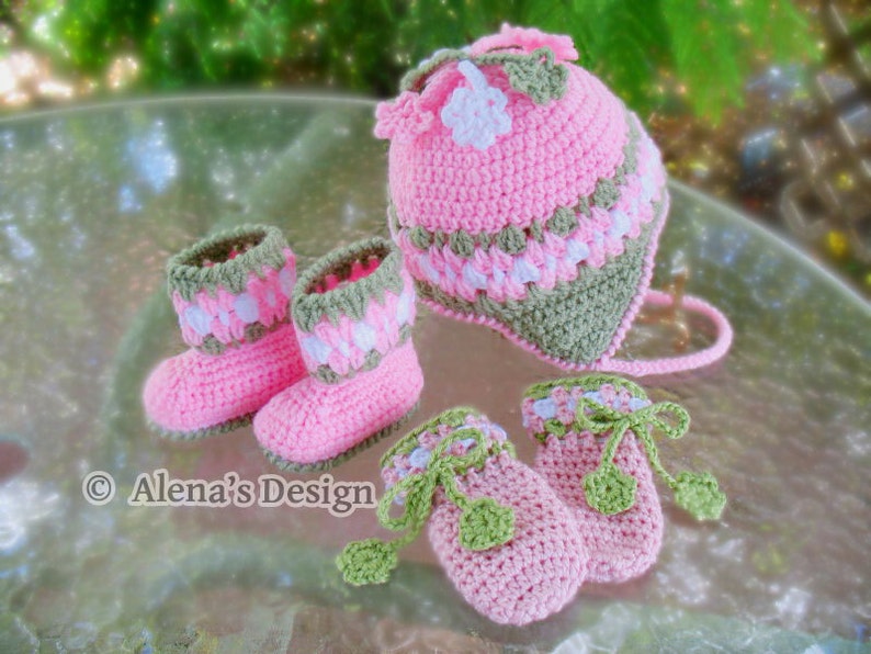 Crochet PATTERN Set Blossom Hat Baby Booties Baby Thumb-less Mittens Crochet Patterns Baby Girl Toddler Children Ear Flap Hat Pink Booties image 1