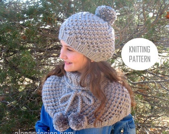 Pompom Slouchy Hat Set Knitting Patterns Shoulder Warmer Cape Toddler Children Adults Knit Winter Set Cozy Cowl Neck Wrap Christmas Gift