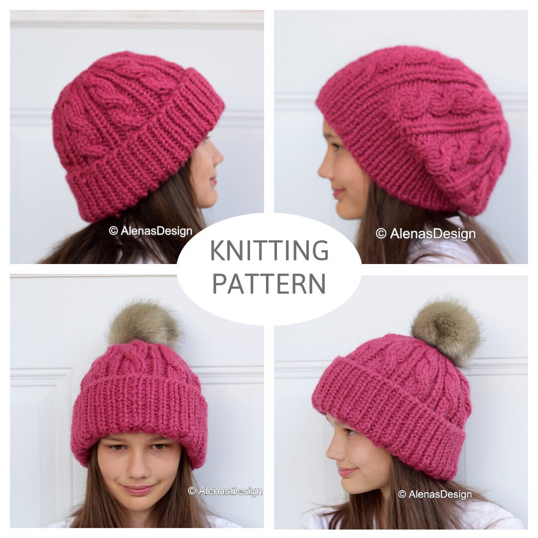 Chunky Knit Hat Pattern, Cabled Hat Pattern, Slouchy Beanie Pattern ...