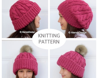 Chunky Knit Hat Pattern, Cabled Hat Pattern, Slouchy Beanie Pattern, Cable Knit Hat Pattern, Hat Knitting Pattern 253