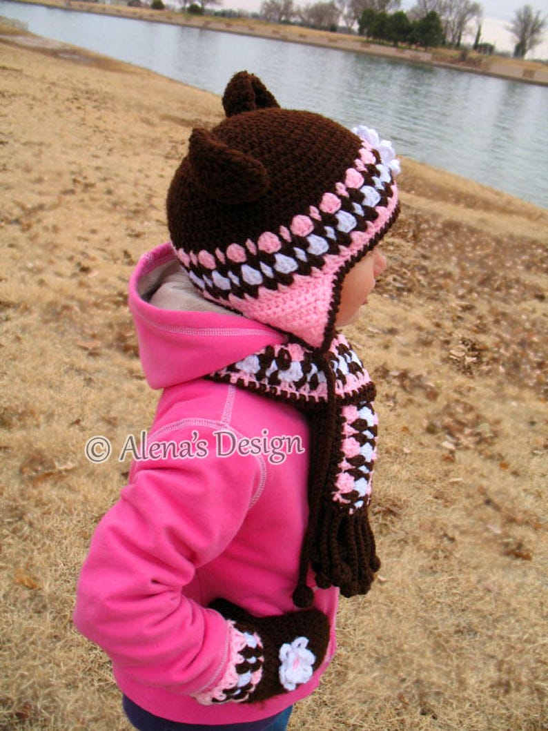 Crochet PATTERN Set Bear Hat Children/'s Mittens Scarf Girls Toddler Child Winter Set Earflap Hat Adult Scarf Brown Pink Mittens Christmas