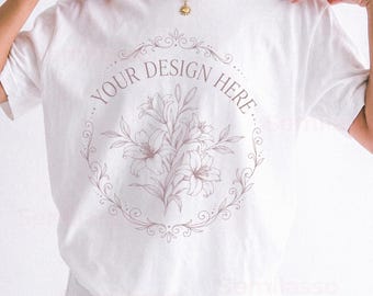 Comfort Colors 1717 White Mockup Women: C1717 Female Model Mockups, Professional Studio