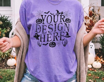 Comfort Colors 1717 Violet Halloween Mockup: C1717 Fall Women Mockups, Female Model Autumn