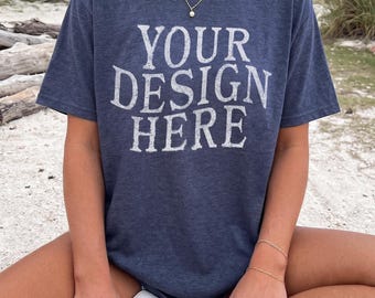 Bella Canvas 3001 Heather Navy Mockup Beach: female Summer BC3001 T-Shirt Mockups, Women Lifestyle