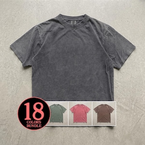 Könnte beinhalten: Ein anthrazitfarbenes Kurzarm-T-Shirt mit Rundhalsausschnitt und verwaschener Textur. Eine kreisförmige Grafik in der unteren linken Ecke zeigt den Text 18 COLORS BUNDLE mit kleinen Bildern von grünen, rosafarbenen und braunen T-Shirts darunter.