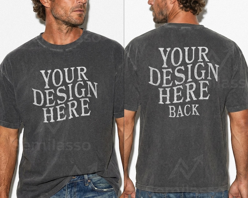 May include: Charcoal gray t-shirt with the text "YOUR DESIGN HERE" on the front and "YOUR DESIGN HERE BACK" on the back. The shirt has a vintage, distressed look. The model is wearing blue jeans.