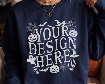 Gildan 18000 Navy Halloween Mockup: Sweatshirt Fall Women Mockups, Female Model Autumn