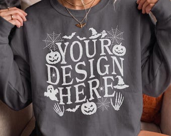 Gildan 18000 Charcoal Halloween Mockup: Sweatshirt Fall Women Mockups, Female Model Autumn