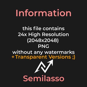 Puede incluir: Un gr&aacute;fico de informaci&oacute;n digital sobre un fondo oscuro con texto en rosa y blanco que dice: Information, this file contains 24x High Resolution (2048x2048) PNG without any watermarks + Transparent Versions ;) y el logotipo de Semilasso abajo.