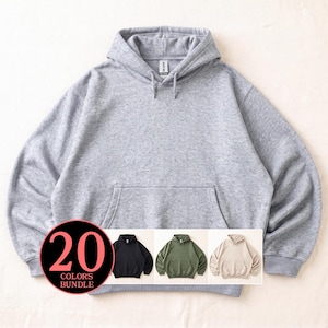 May include: A light gray long-sleeve hooded sweatshirt with a front kangaroo pocket, a drawstring hood, and ribbed cuffs. A circular graphic in the corner displays the text 20 COLORS BUNDLE, featuring small images of black, olive green, and beige hoodies.