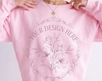 Gildan 18000 Light Pink Mockup Women: Sweatshirt Female Model Mockups, Professional Studio