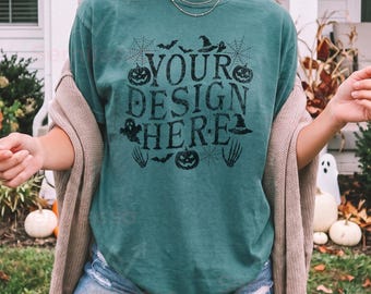 Comfort Colors 1717 Blue Spruce Halloween Mockup: C1717 Fall Women Mockups, Female Model Autumn