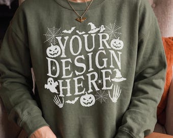 Gildan 18000 Military Green Halloween Mockup: Sweatshirt Fall Women Mockups, Female Model Autumn