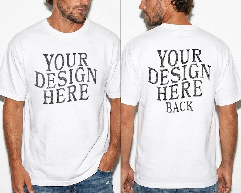 May include: White t-shirt with the text "YOUR DESIGN HERE" on the front and "YOUR DESIGN HERE BACK" on the back. The text is in a distressed, vintage-style font. The shirt is short-sleeved and appears to be made of cotton.