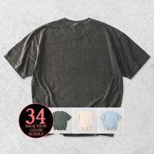 May include: A charcoal gray short-sleeve t-shirt shown from the back. A circular graphic overlay displays the text 34 BACK VIEW COLOR BUNDLE and includes three smaller thumbnail images of the same t-shirt in sage green, cream, and light blue.