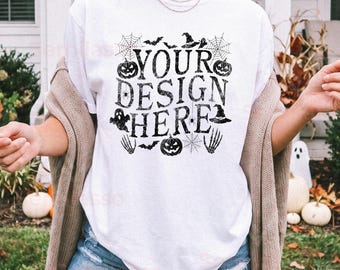 Comfort Colors 1717 White Halloween Mockup: C1717 Fall Women Mockups, Female Model Autumn