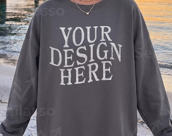 Gildan 18000 Charcoal Mockup Beach: Female Sweatshirt Lifestyle Mockups, Trendy Women