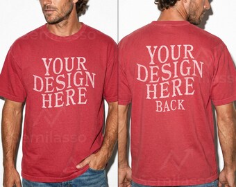 Comfort Colors 1717 Red Mockup Male Front and Back: C1717 Studio Mockups Men
