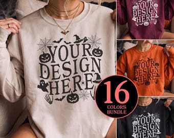 Gildan 18000 Sweatshirt Halloween Mockup Bundle: Female Scary Season Mockups, Spooky Mock Up Pack