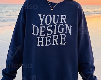 Gildan 18000 Navy Mockup Beach: Female Sweatshirt Lifestyle Mockups, Trendy Women