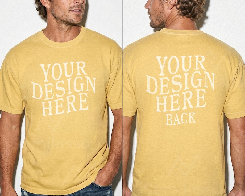 May include: Mustard yellow t-shirt with the text "YOUR DESIGN HERE" printed on the front and "YOUR DESIGN HERE BACK" on the back. The shirt is a short-sleeved crew neck style.