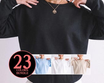 Paquete de maquetas de sudaderas Gildan 18000: maquetas frontales para mujer, maqueta de cuello redondo para modelo femenina.