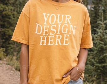 Comfort Colors 1717 Mustard Outdoor Mockup Women: CC1717 Female Hiking Mockups, C1717 Nature