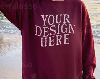 Gildan 18000 Maroon Mockup Beach: Female Sweatshirt Lifestyle Mockups, Trendy Women