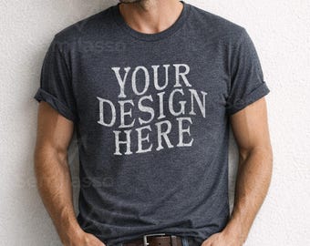 Bella Canvas 3001 Deep Grey Heather Man Mockup: Trendy Men T-Shirt Mockups, Male Mock Up
