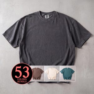 May include: A charcoal gray short-sleeve crew neck t-shirt with a Comfort Colors label at the inner neckline. A circular graphic in the corner displays the text 53 COLORS BUNDLE and shows three additional t-shirts in brown, cream, and teal.