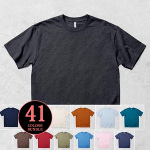 May include: A charcoal grey crew neck t-shirt. Beneath the shirt is a colour chart displaying 41 different colour options. The chart is circular and features the words "41 COLOURS BUNDLE".