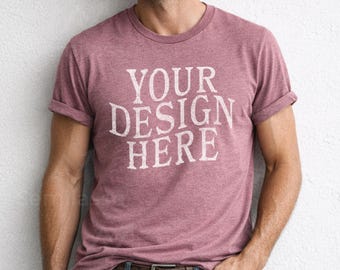 Bella Canvas 3001 Heather Mauve Man Mockup: Trendy Men T-Shirt Mockups, Male Mock Up