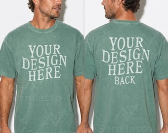 Maqueta Comfort Colors 1717 verde claro para hombre (vista frontal y trasera): C1717 Studio Mockups Men
