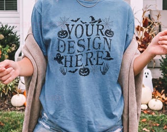 Comfort Colors 1717 Blue Jean Halloween Mockup: C1717 Fall Women Mockups, Female Model Autumn